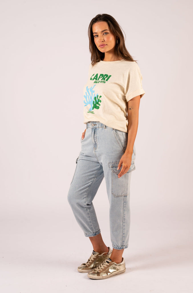 Jade Relaxed Tee - Milk White Capri | Relaxed cream tee with coral print | We Are The Others