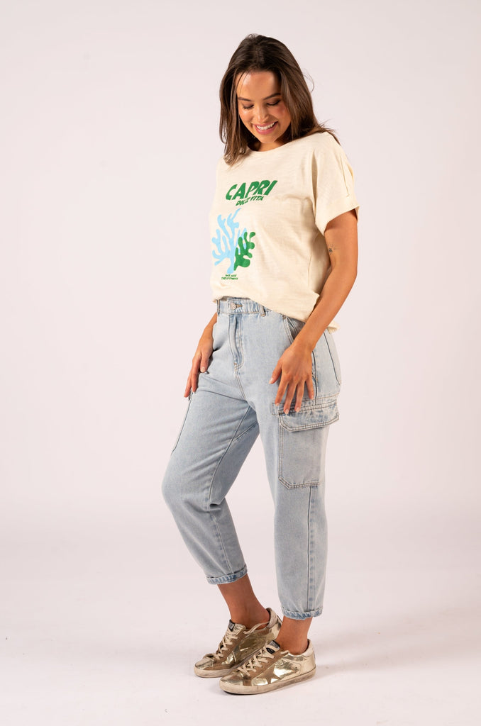 Jade Relaxed Tee - Milk White Capri | Relaxed cream tee with coral print | We Are The Others