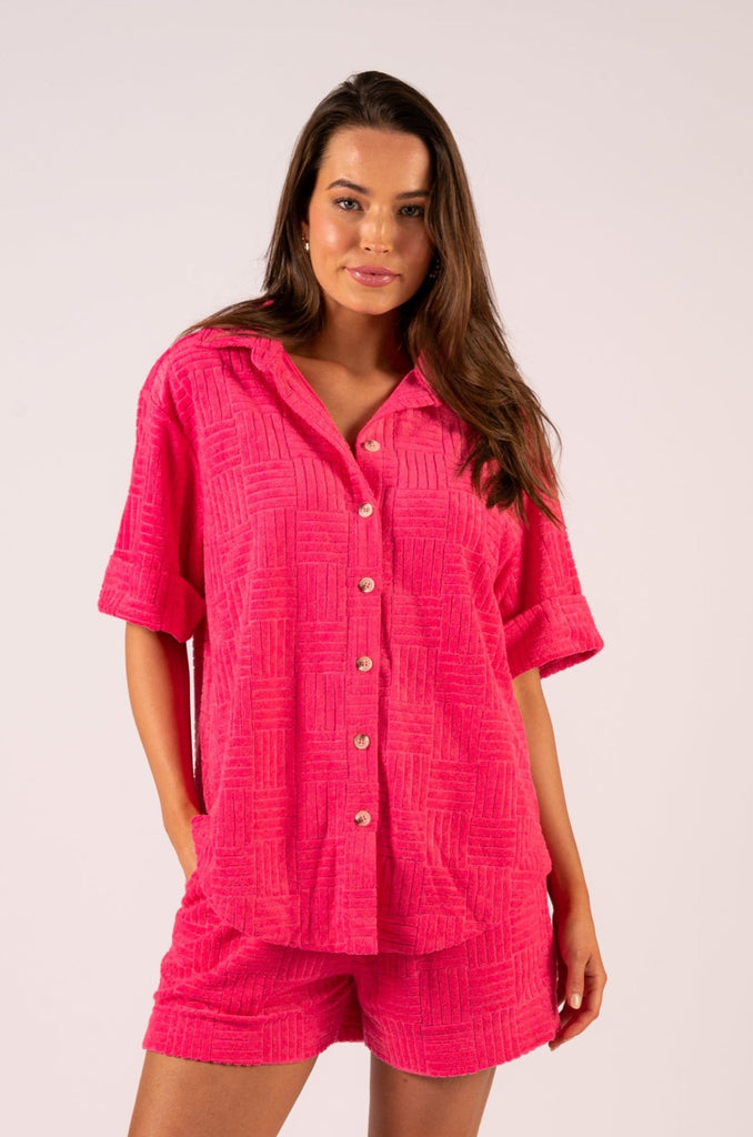 Stephanie Towelling Shirt - Hot Pink - Short Sleeve towelling shirt - We are The Others