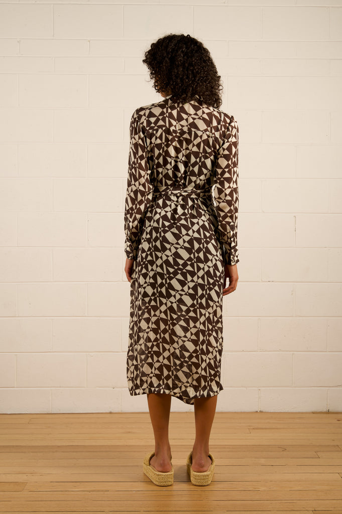 Selena Wrap Dress - Geo Lines - Brown geo print warp maxi dress - We Are The Others