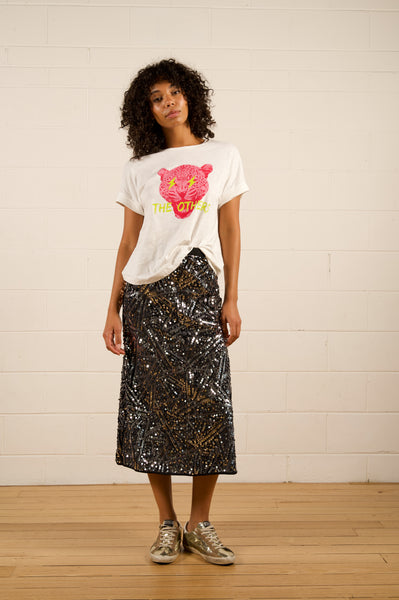 Black knee outlet length sequin skirt