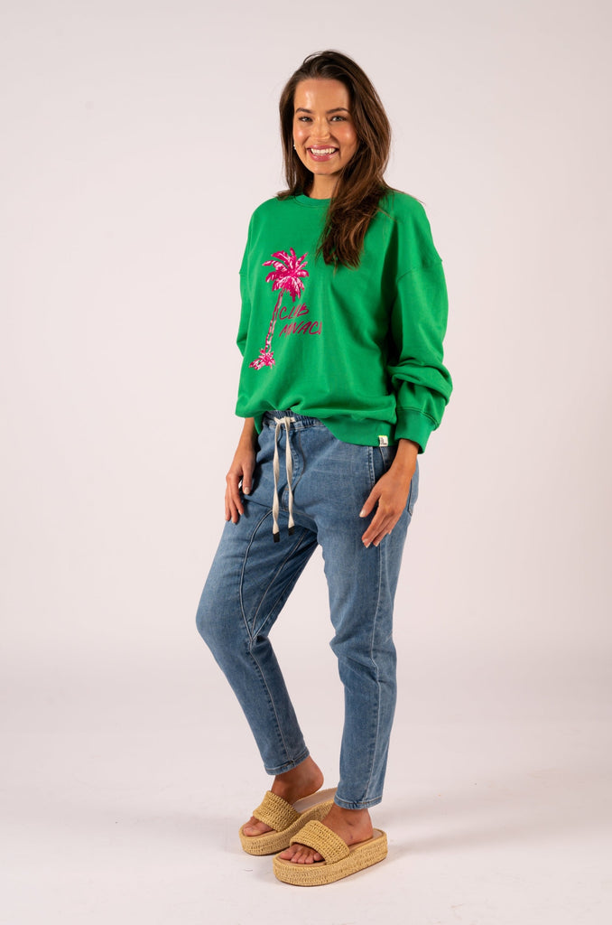 Amara Slouch Sweat - Emerald Club Monaco | Emerald green sweat with palm tree print | We Are The Others