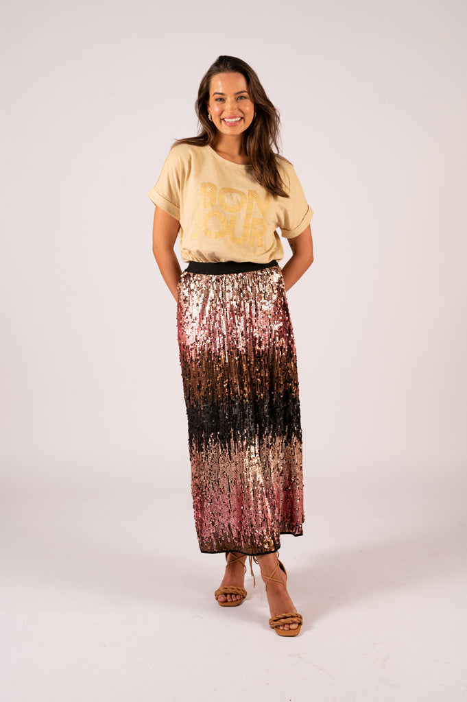 Skylar Sequin Skirt - Rose Gold Ombre | Sequin skirt with comfortable elastic waistband | We Are The Others